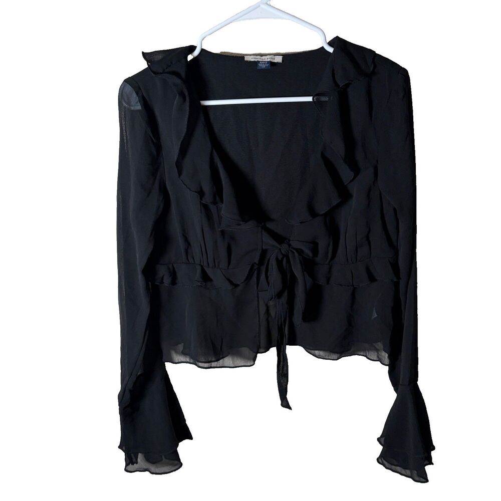 American Eagle Small Black Ruffle V-Neck Flare Sheer Sleeve Tie Lightweight